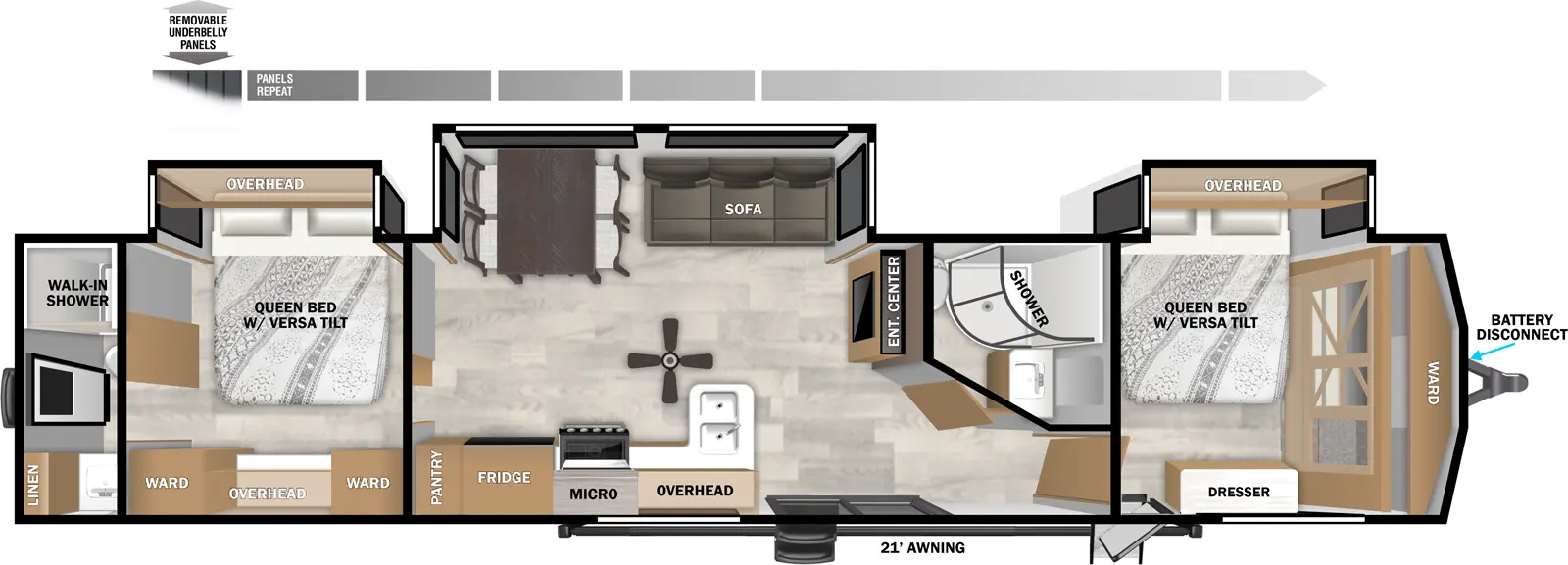 The Wildwood Lodge 42DMS floorplan has two entries and three slide outs. Exterior features include: fiberglass exterior and 21' awning. Interiors features include: free-standing dinette option, front bedroom, two bedrooms, rear bathroom and two full bathrooms.